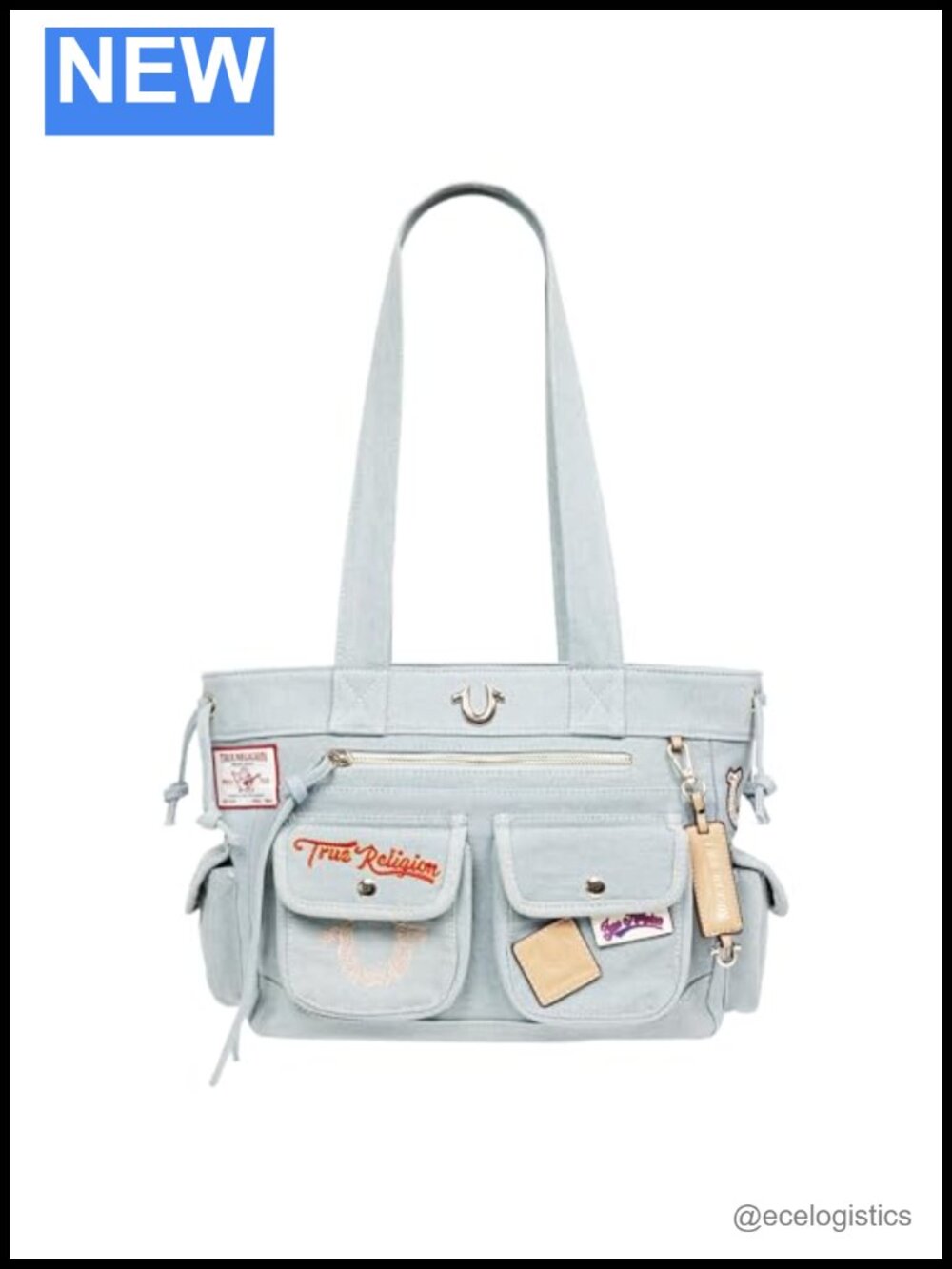 Women's Denim Tote Bag with Embroidery, Zip Closures, Shoulder Strap
